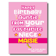 Personalised Happy Birthday Auntie from Favourite Niece Card